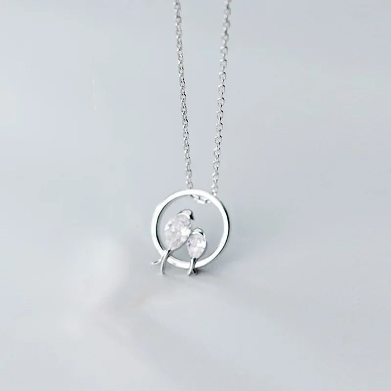 TrustDavis 100% 925 Sterling Silver Dazzling Birds Fall in Love CZ Pendant Necklace for Women Girl Silver 925 Jewelry DA462