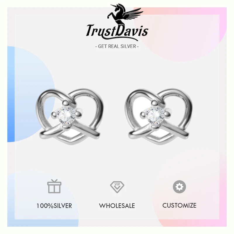 TrustDavis 2024 Real 925 Sterling Silver Romantic Heart Stud Earrings for Mom Daughter Children Birthday Jewelry DS4611