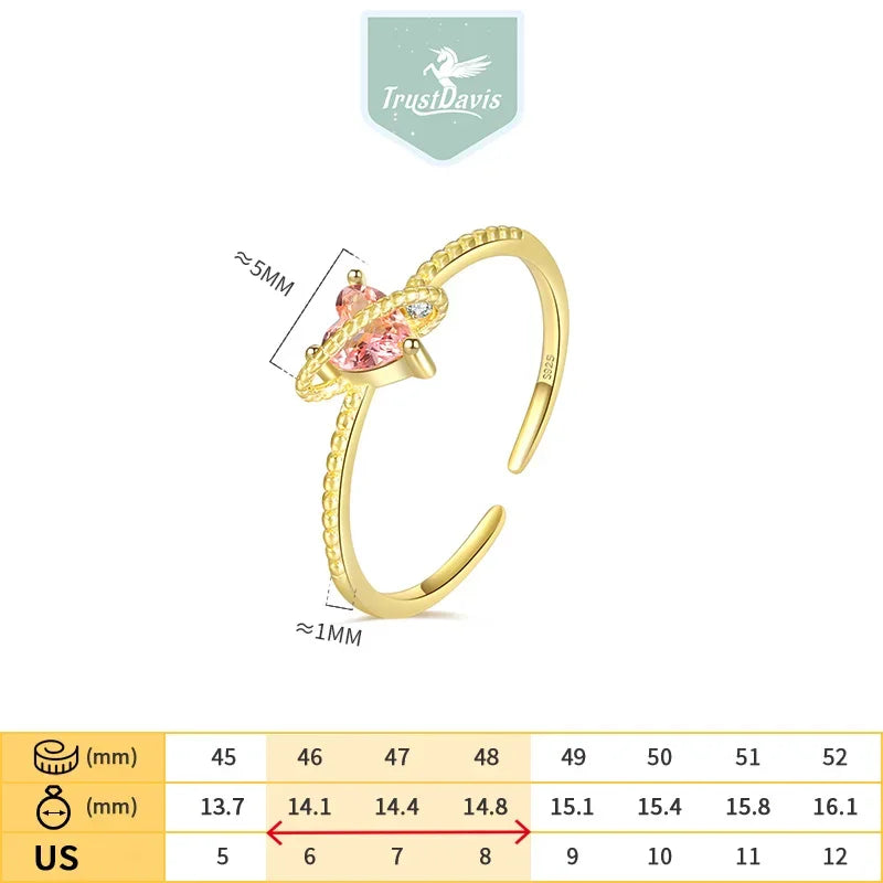 TrustDavis Girls Real 925 Sterling Silver Ring Romantic Heart Zircon Open Size For Women Girls Birthday Jewelry Gift DS4148