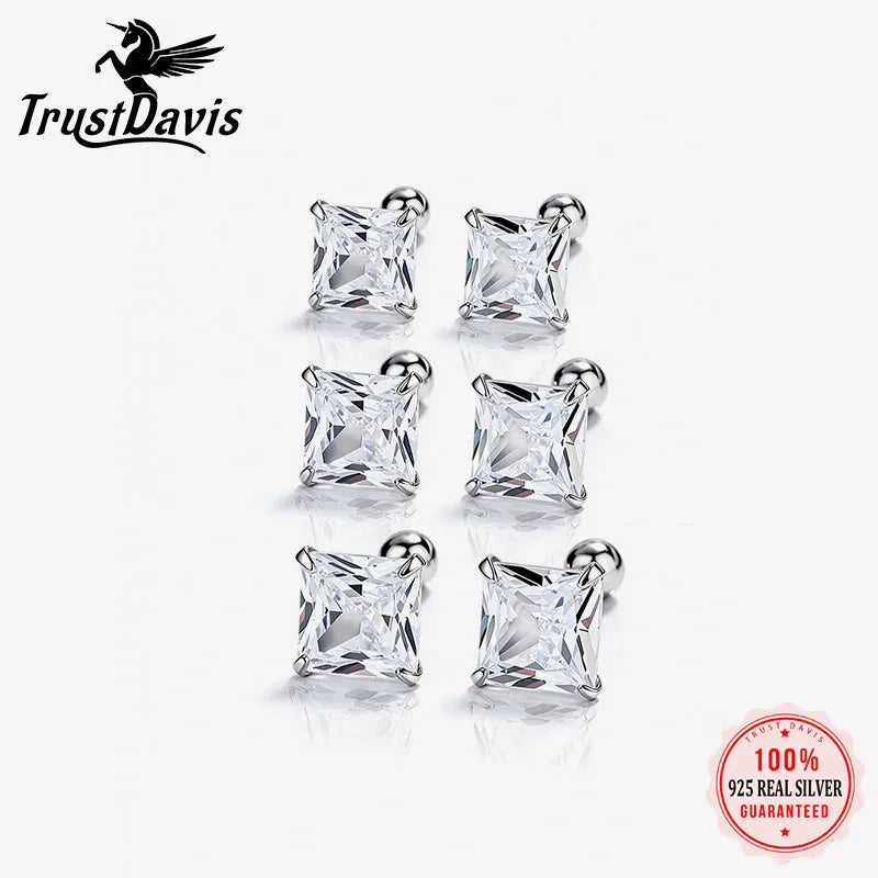 Silver 4 Prong Princess Cut CZ Screw Earrings DS5008