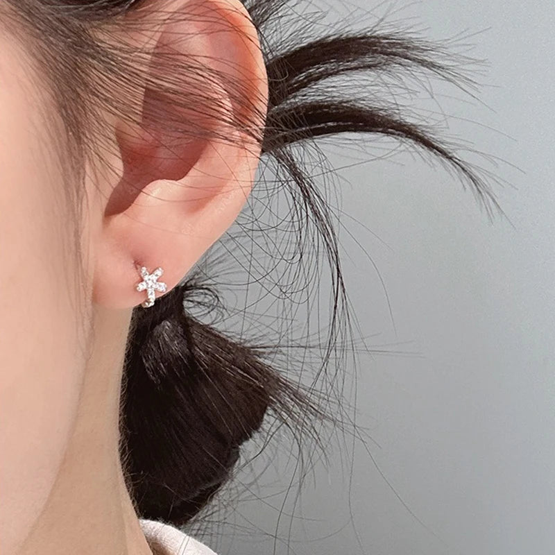 Flower Hoop Earrings Dainty Pave CZ Small Floral Earrings DS5002