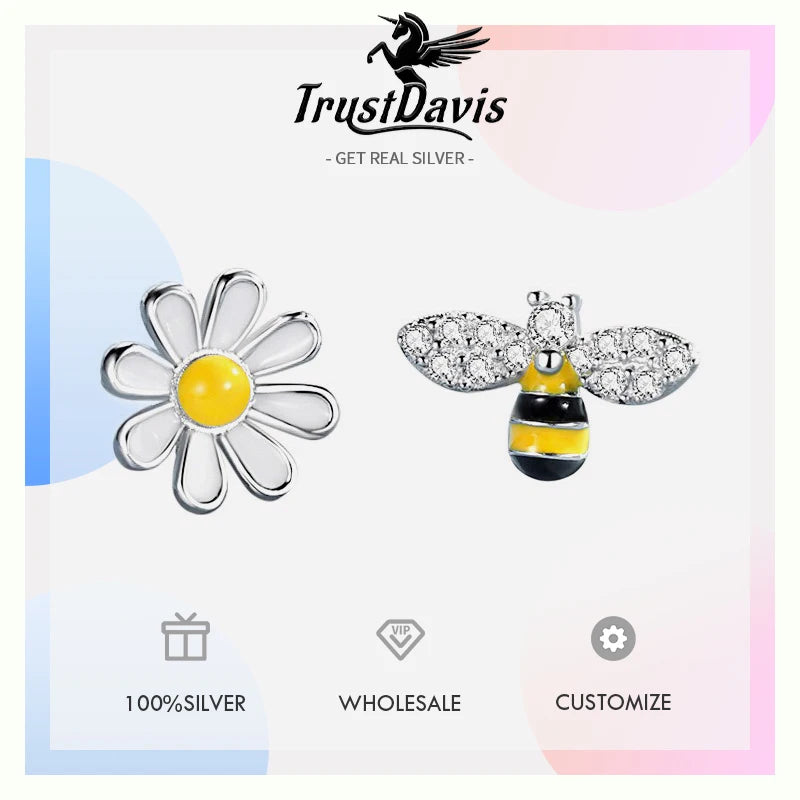 TrustDavis 925 Sterling Silver Women's Fashion Sweet Bee and Daisy Asymmetrical Earrings for Women Girls Jewelry Gift DS4368