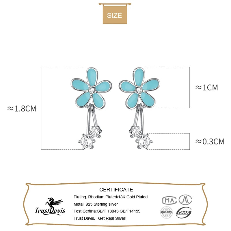 TrustDavis Real 925 Sterling Silver Blue Glaze Flower Dazzling Zircon Stud Earrings For Women Wedding Fine Jewelry Gift DA00274