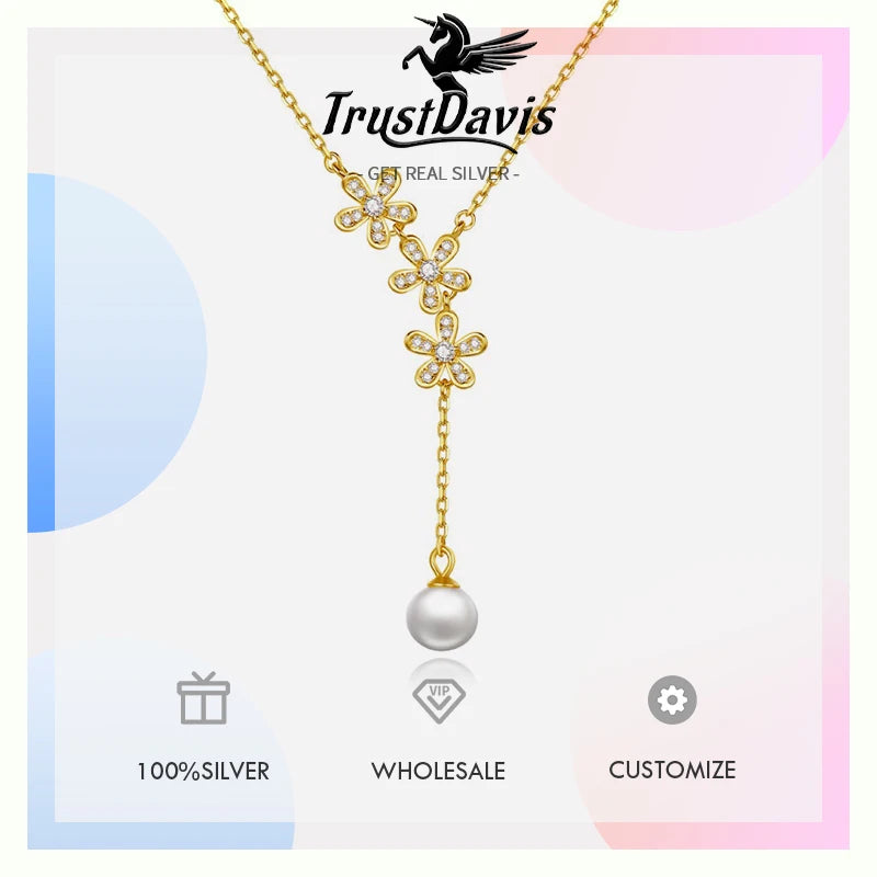 TrustDavis 925 Sterling Silver Women's Necklace Fashion Simple Flower Pearl Necklace for Women Girls Jewelry Gift DS4450