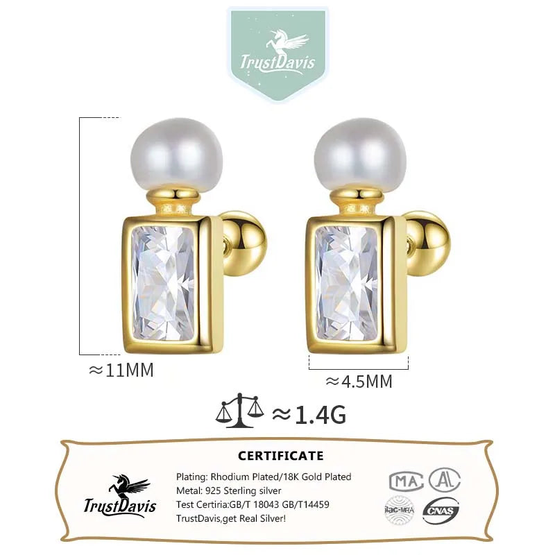 TrustDavis Girls Real 925 Sterling Silver Bright CZ Pearl Screw ball Stud Earring for Women Wedding Party Jewelry DS4509