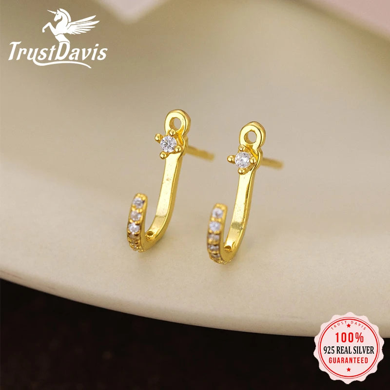 TrustDavis Real 925 Sterling Silver Fashion Sweet J-shaped Zircon Earrings for Women Girls Christmas Jewelry Gift DS4709