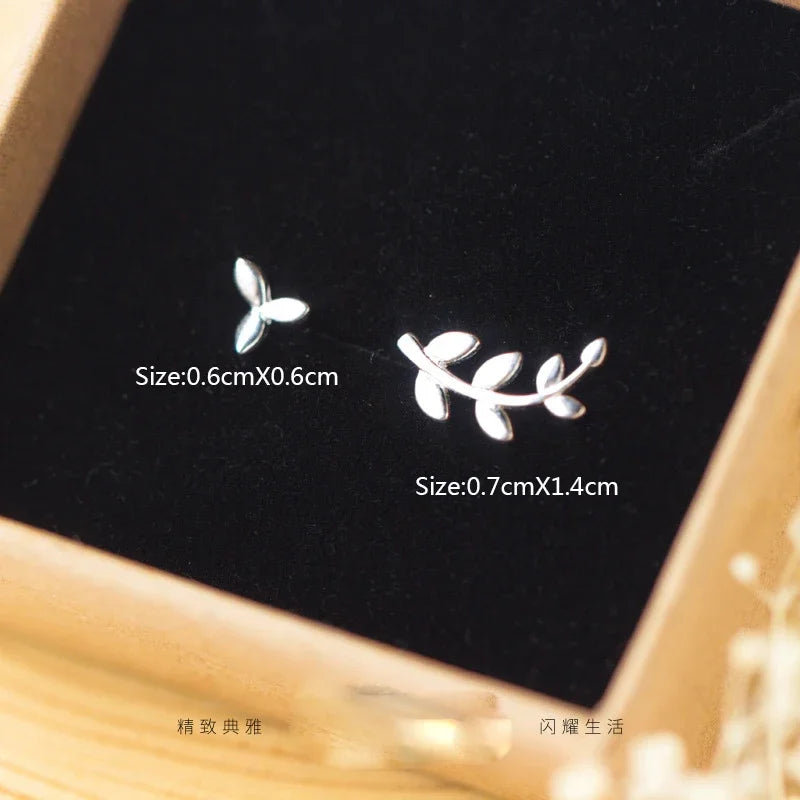 TrustDavis 100% 925 Sterling Silver Women Jewelry Fashion Cute Tiny Asymmetric Leaves Stud Earrings For Daughter Girls DS530