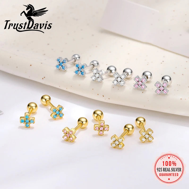 Colored Zircon Cross Screw Earrings DS4758