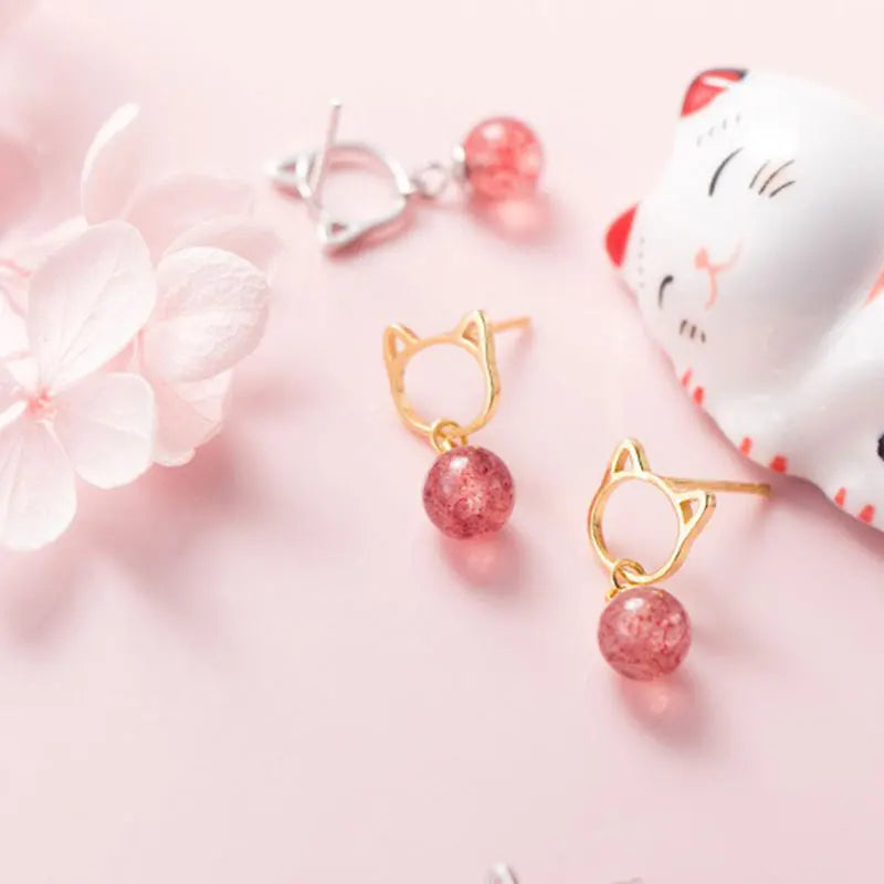 TrustDavis Real 925 Sterling Silver Cute Cat Pink Strawberry Crystal Earrings for Women Wedding Party Fine S925 Jewelry DS4385