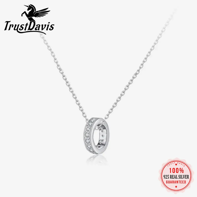 TrustDavis Real 925 Sterling Silver Fashion Geometric Circle Zircon Necklace For Women Wedding Statement Fine Jewelry Gift LB178