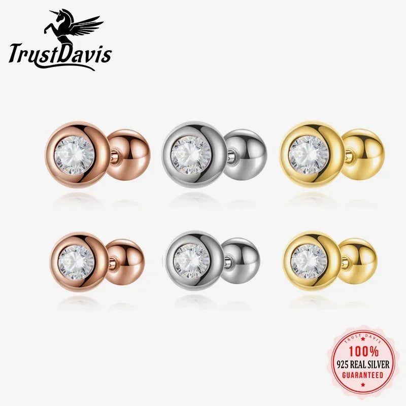 TrustDavis Girls Real 925 Sterling Silver Round Zircon Stud Earrings Women Daughter Birthday Party Gift Jewelry  DS4361