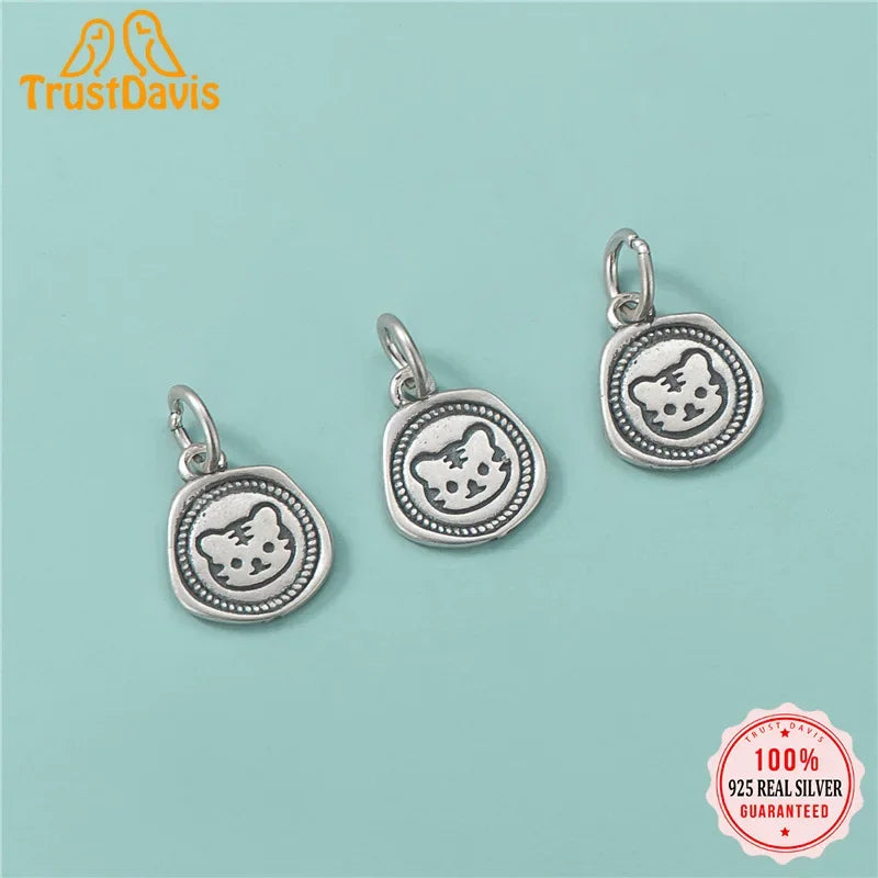 TrustDavis Real 925 Sterling Silver Animal Tiger Pendant Handmade DIY Necklace Bracelet Accessories Fine Jewelry Wholesale HY490