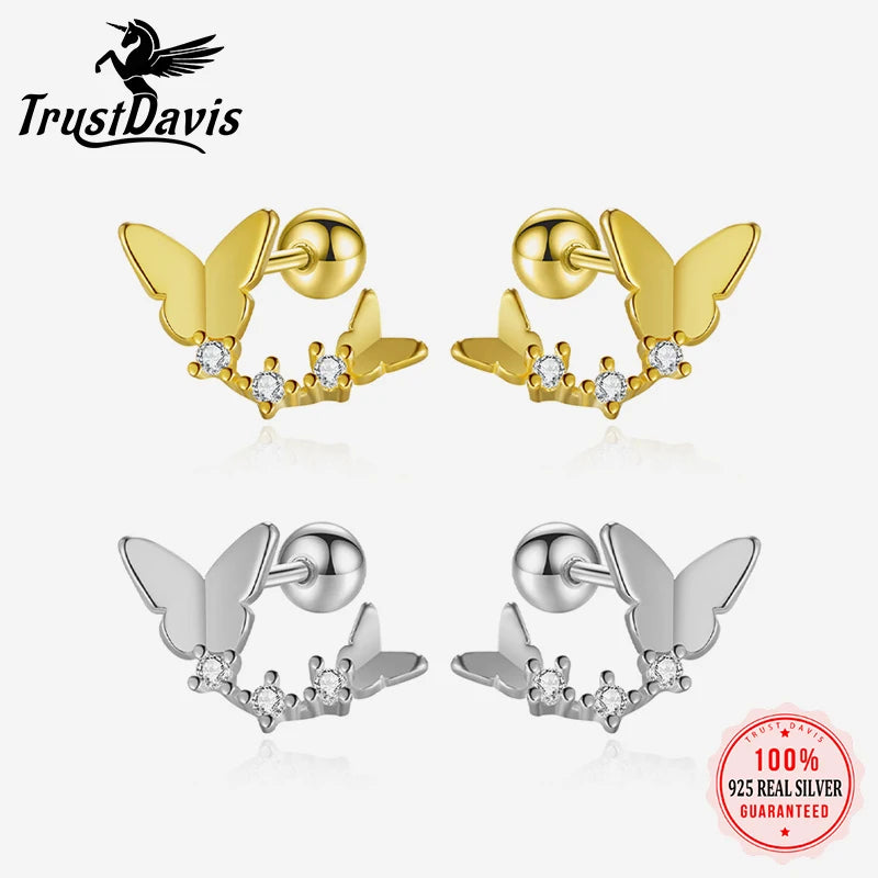 TrustDavis Girrls 925 Sterling Silver Sweet Butterfly CZ Stud Earrings for Women Girls Birthday Gift Jewelry DS4580