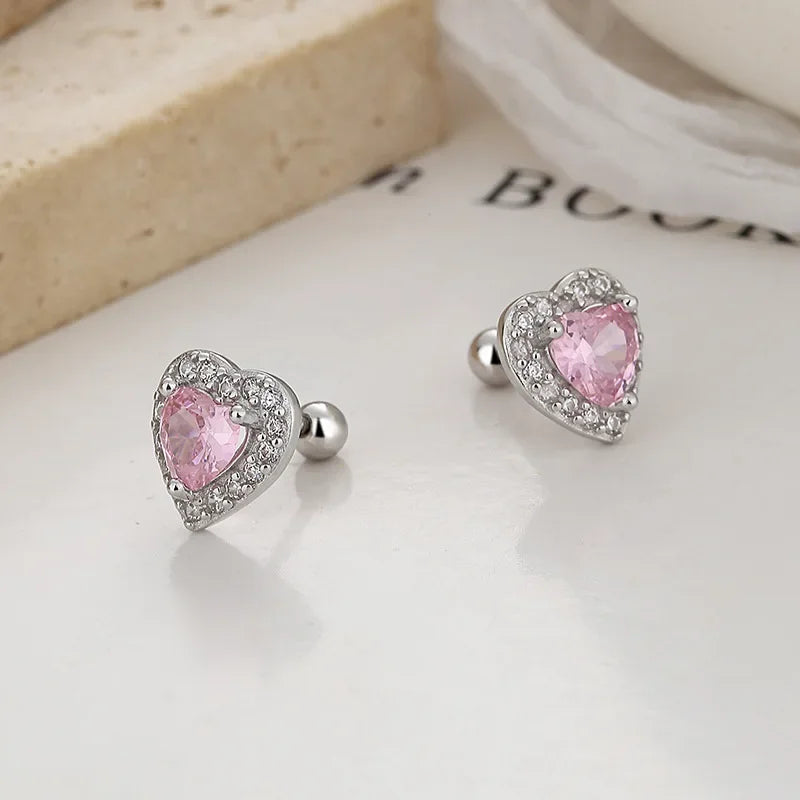 TrustDavis Authentic 925 Sterling Silver Pink Red Heart CZ Stud Earrings for Women Girls Kids Birthday Gift Jewelry DS3921