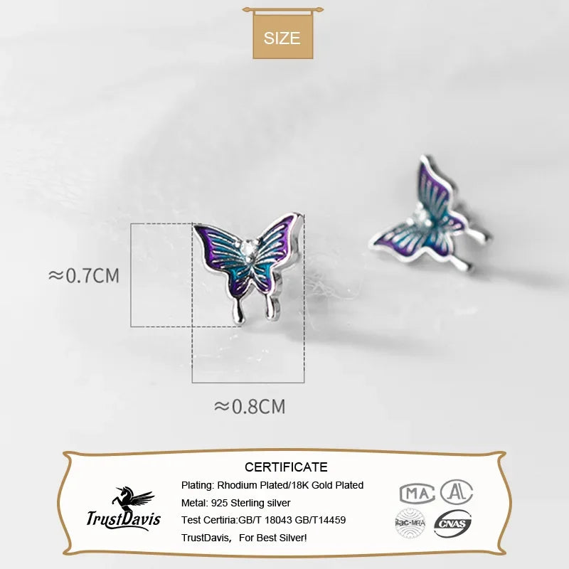 Real 925 Sterling Silver Kids Glaze Insect Butterfly Screw Earrings DG0195