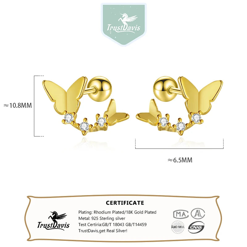 TrustDavis Girrls 925 Sterling Silver Sweet Butterfly CZ Stud Earrings for Women Girls Birthday Gift Jewelry DS4580
