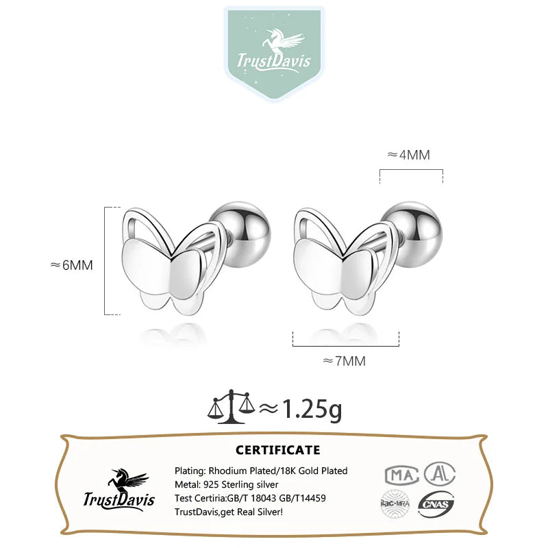 TrustDavis Authentic 925 Sterling Silver Cute Butterfly Stud Earrings for Women Girls Kids Birthday Gift Jewelry DS3919
