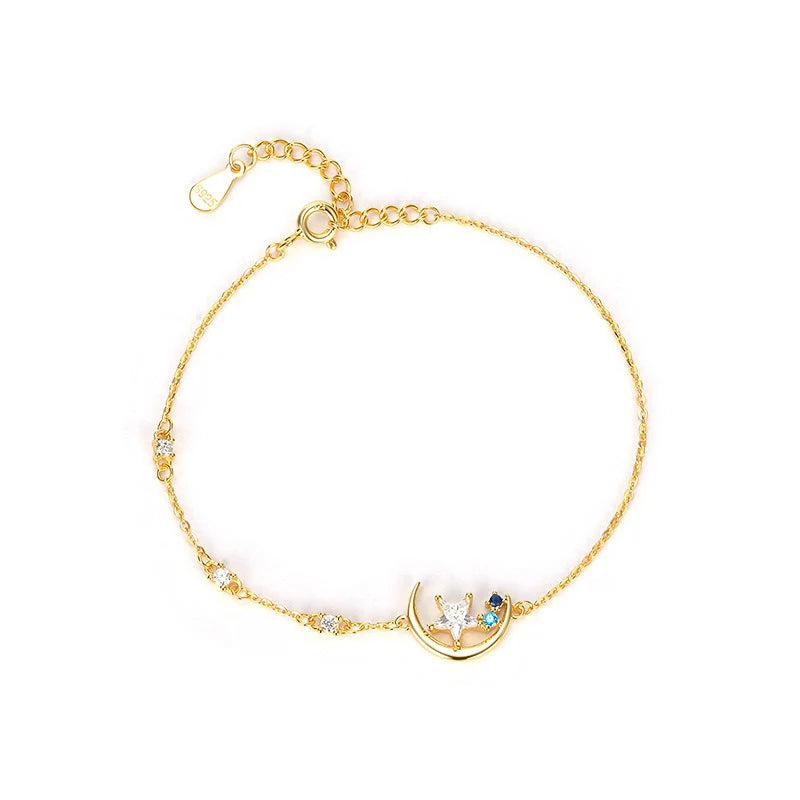 TrustDavis 925 Sterling Silver Women's Fashion Star and Moon Colored Zircon Pendant Necklace for Women Girls Jewelry Gift DS4436