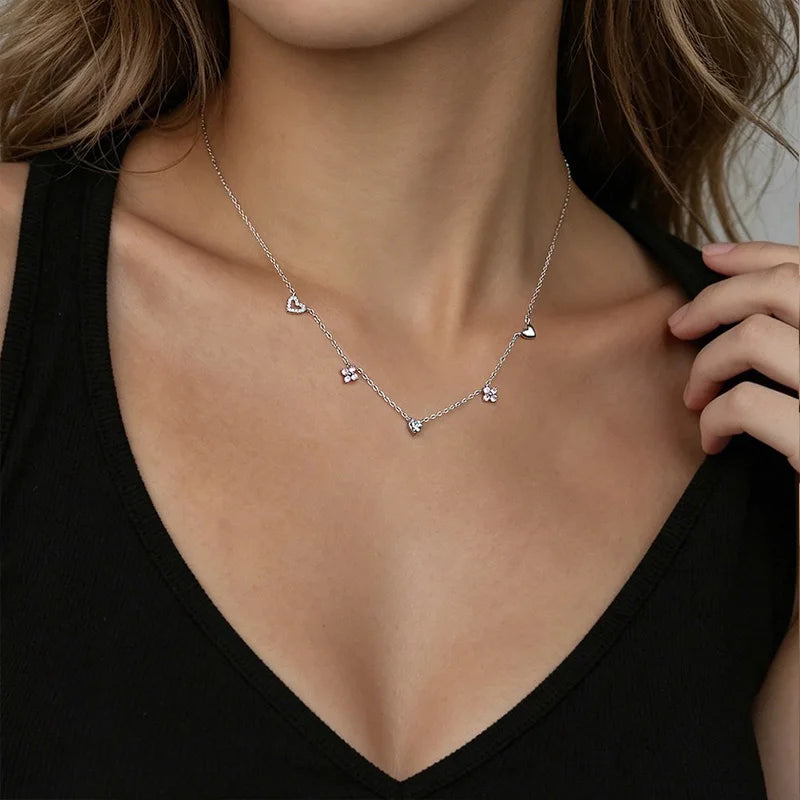 Pink Flower Heart Zircon Silver Necklace DS4863
