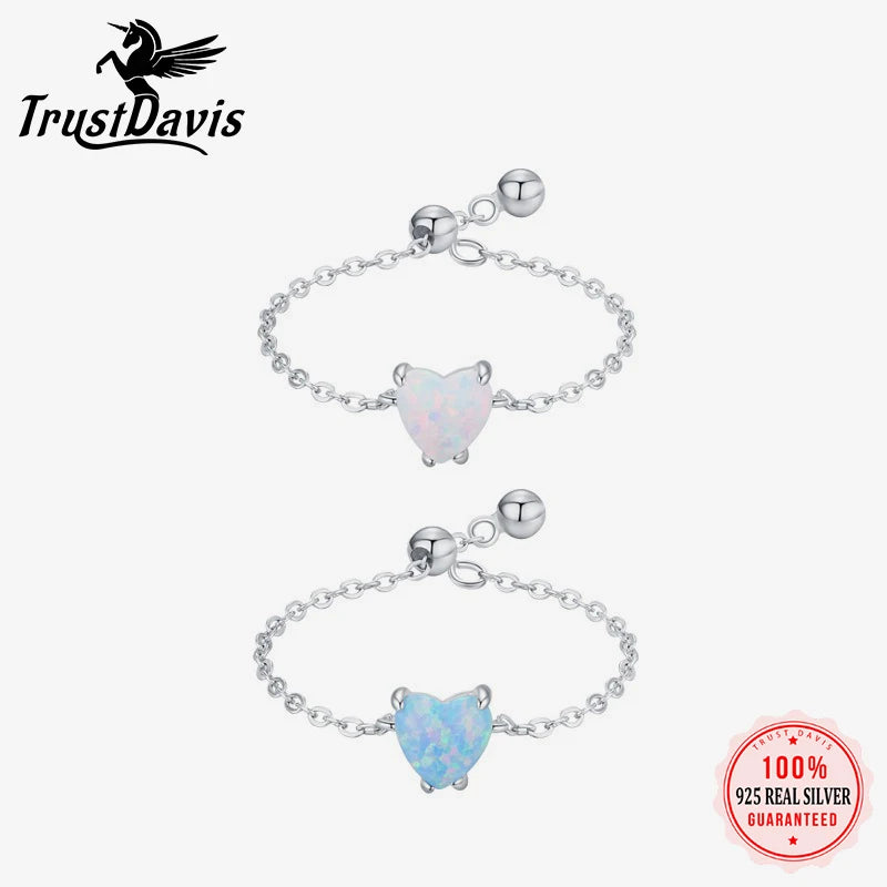 TrustDavis Real 925 Sterling Silver Women's Fashion Simple Blue Opal Heart Adjustable Ring for Women Girls Gift Jewelry DS4233