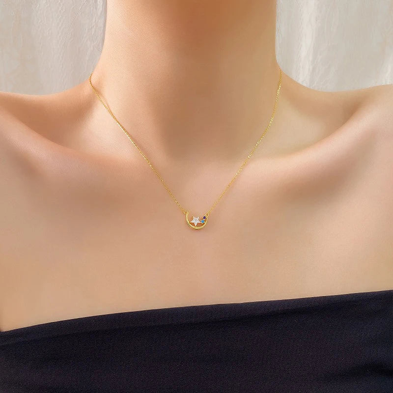 TrustDavis 925 Sterling Silver Women's Fashion Star and Moon Colored Zircon Pendant Necklace for Women Girls Jewelry Gift DS4436