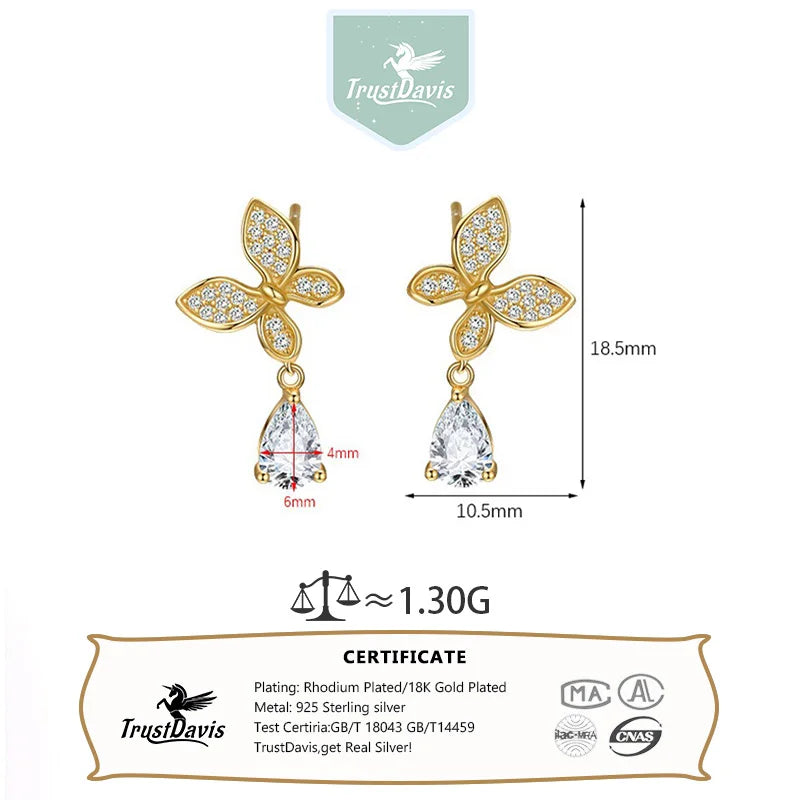 TrustDavis Real 925 Sterling Silver Women's Fashion Simple Butterfly Zircon Drop Earrings for Women Girls Gift Jewelry DS4236