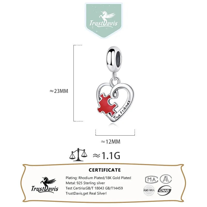 TrustDavis  New Real 925 Sterling Silver Fashion Cute Romantic Heart Charm Pendant Handmade DIY Accessories Wholesale DZ1633