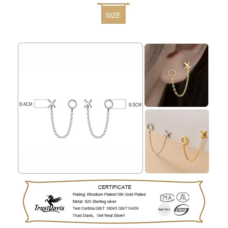 TrustDavis Real 925 Sterling Silver Fashion Sweet XO Chain Charm Stud Earrings For Women Wedding Party Fine S925 Jewelry DA2304