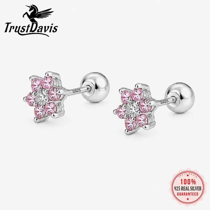 Pink Flower Zircon Earrings for Women Daily Wear Jewelry Gift DS4963