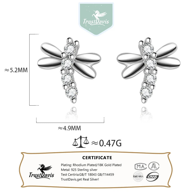 TrustDavis Real 925 Sterling Silver Insect Dragonfly CZ Screw Stud Earrings For Women Girls Fashion Fine Jewelry Gift DS4619