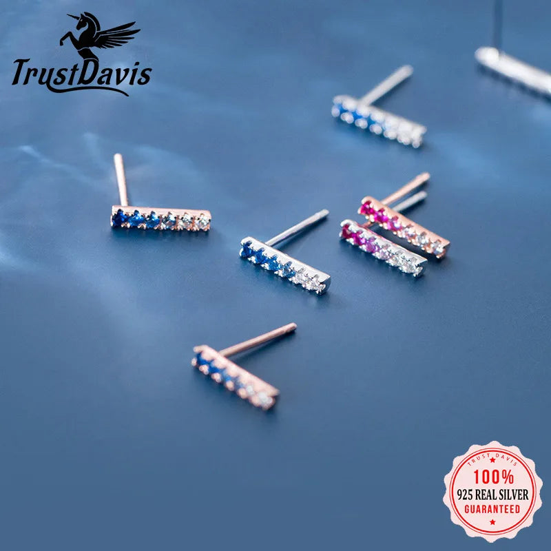 Trusta Genuine Fashion 925 Sterling Silver Sweet Cute Dazzling Pink Blue CZ Stick Stud Earrings For Women Girl Teens Lady DA555
