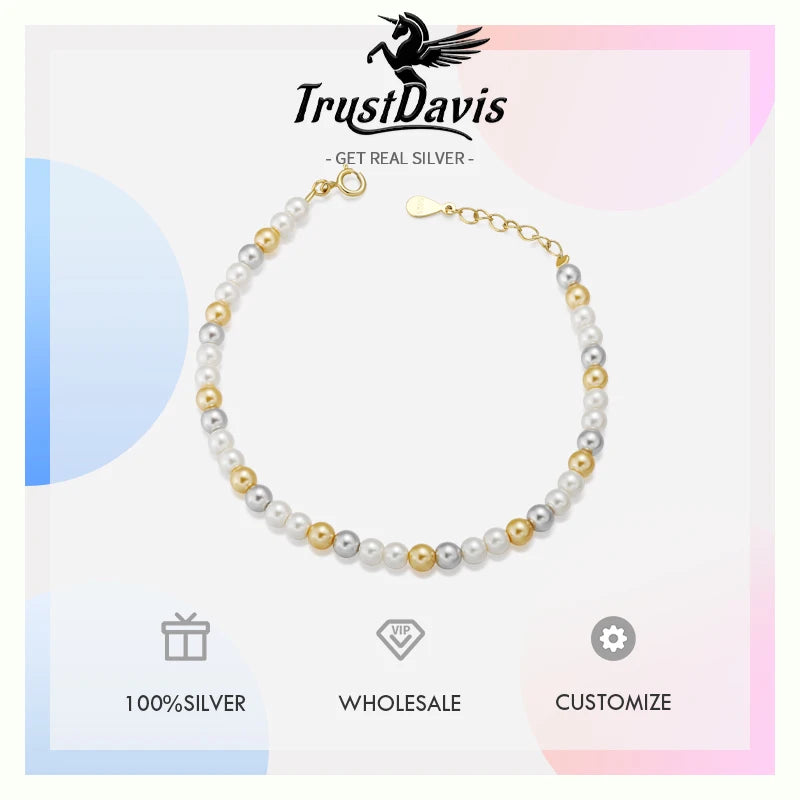 Trustdavis Genuine 925 Sterling Silver Minimalist Charm Mixed Color Round Bead Necklace Wedding Party Jewelry Gift DS4097