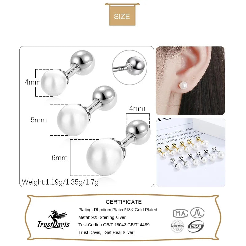 TrustDavis Real 925 Sterling Silver 4/5/6mm Synthesis Pearl Screw Stud Earring for Women Party Mini Minimalist Jewelry DA2870
