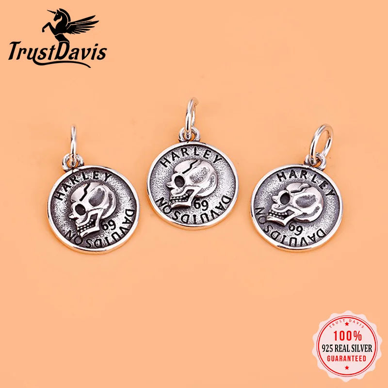 TrustDavis Real 925 Sterling Silver Fashion Retro Skull Head Round Card Charm Pendant Handmade DIY Accessories Jewelry HY044