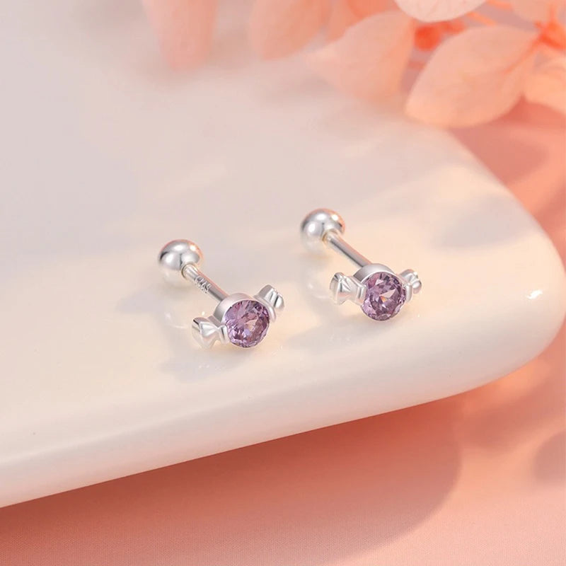TrustDavis Real 925 Sterling Silver Fashion Sweet Cute Zirconia Candy Screw Earrings for Women Girls Jewelry Gift DS4712