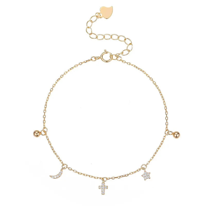 Real 925 Sterling Silver Star and Moon Cross Zircon Bracelet DS4946