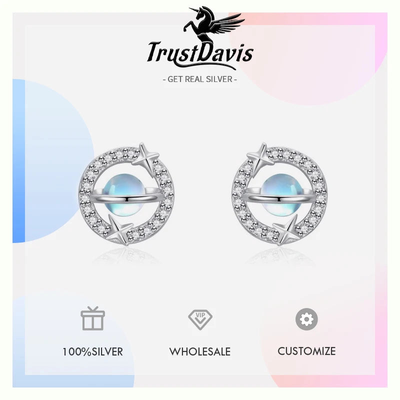 TrustDavis Real 925 Sterling Silver Women's Fashion Moonstone Planet Zirconia Stud Earrings for Women Girls Jewelry Gifts DS4243