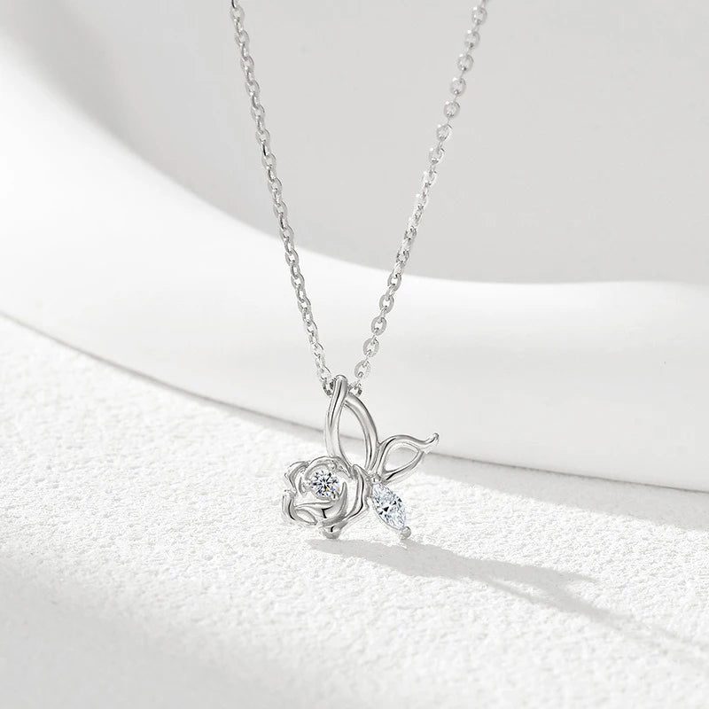 TrustDavis 925 Sterling Silver Women's Fashion Zircon Simple Rose Butterfly Zircon Necklace for Women Girls Jewelry Gift DS4435