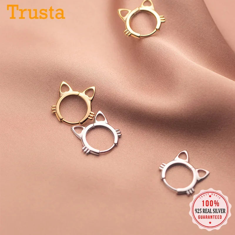 TrustDavis Real 925 Sterling Silver Fashion Sweet INS Cute Cat Charm Hoop Earring For Women Wedding Birthday Fine Jewelry DA2288