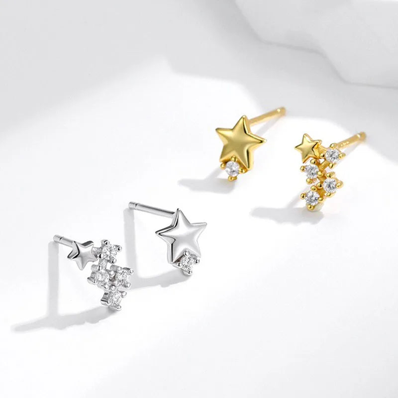 Real 925 Sterling Silver Asymmetrical Star Stud Earrings DS4957