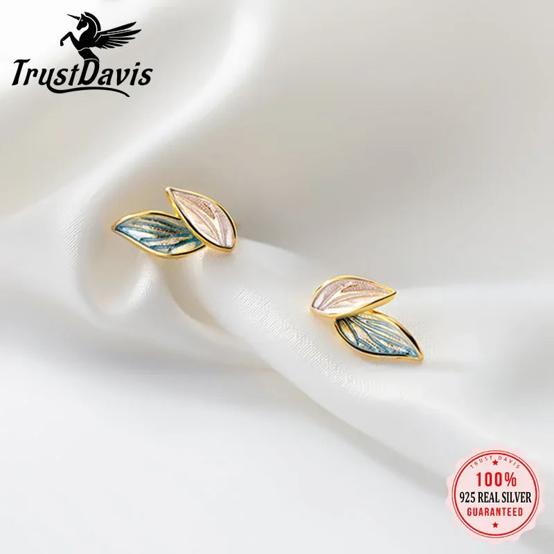 TrustDavis Real 925 Sterling Silver Fashion Sweet Plant Leaves Charm Stud Earrings For Women Wedding Party Fine Jewelry DA2326
