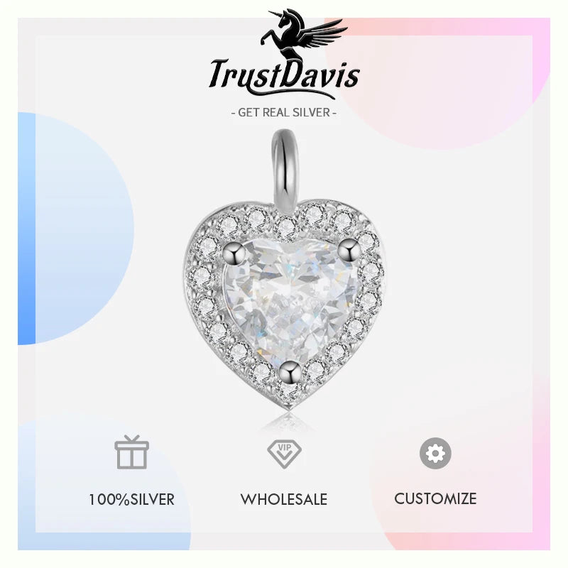 TrustDavis Real 925 Sterling Silver Sweet Romantic Heart Shiny CZ Pendant Handmade DIY Necklace Accessories Fine Jewelry HY846