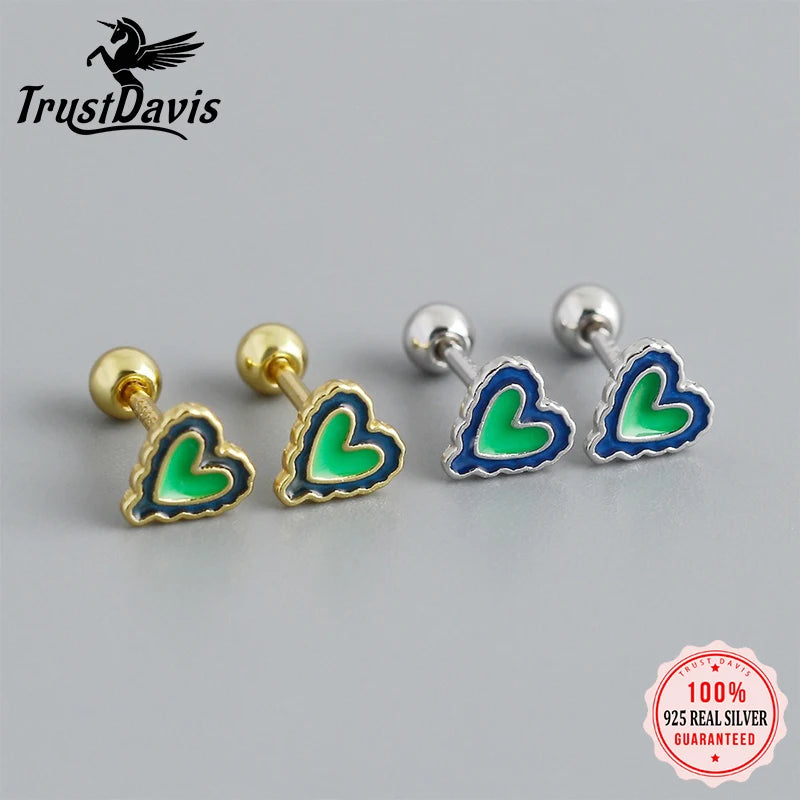 TrustDavis 925 Sterling Silver Women's Fashion Simple Epoxy Heart Screw Earrings for Women Girls Jewelry Gift DS4328