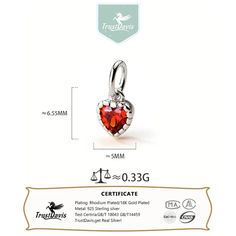TrustDavis 925 Sterling Silver Fashion Cute Colorful Zircon Heart Pendant DIY Necklace Bracelet Accessories Fine Jewelry DZ1844
