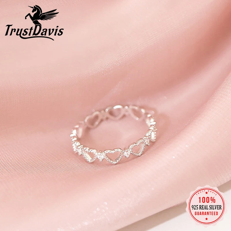 TrustDavis Girls 925 Sterling Silver Fashion Adjustable Heart Ring Hollow Heart Open Ring for Women Grill Gift Jewelry DS4215