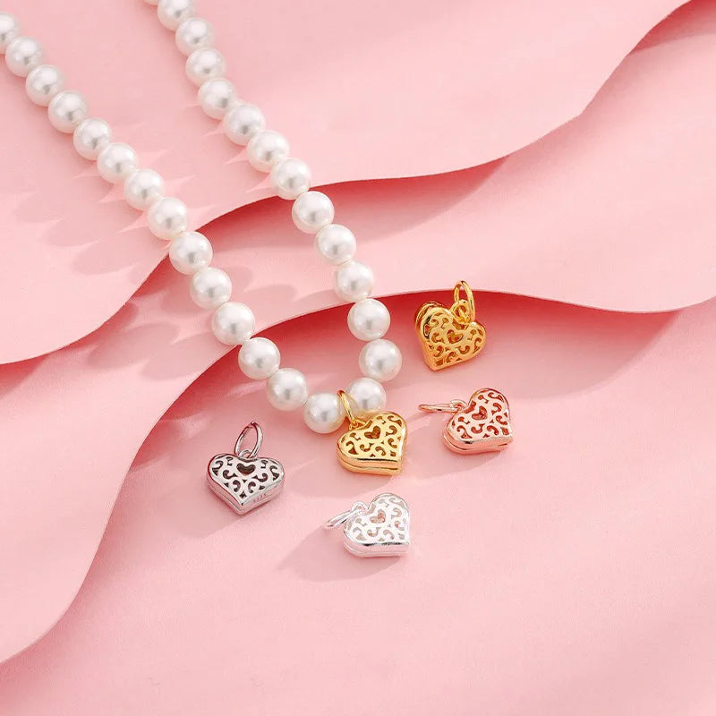 TrustDavis 925 Sterling Silver Fashion Cute Hollow Pattern Heart Pendant DIY Necklace Bracelet Accessories Fine Jewelry DZ1848