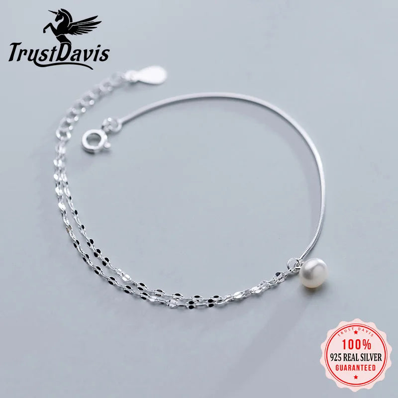 TrustDavis 925 Sterling Silver Pearl Double Layer Anklets Bracelet Bangle For Women Fashion Silver 925 Jewelry DA408