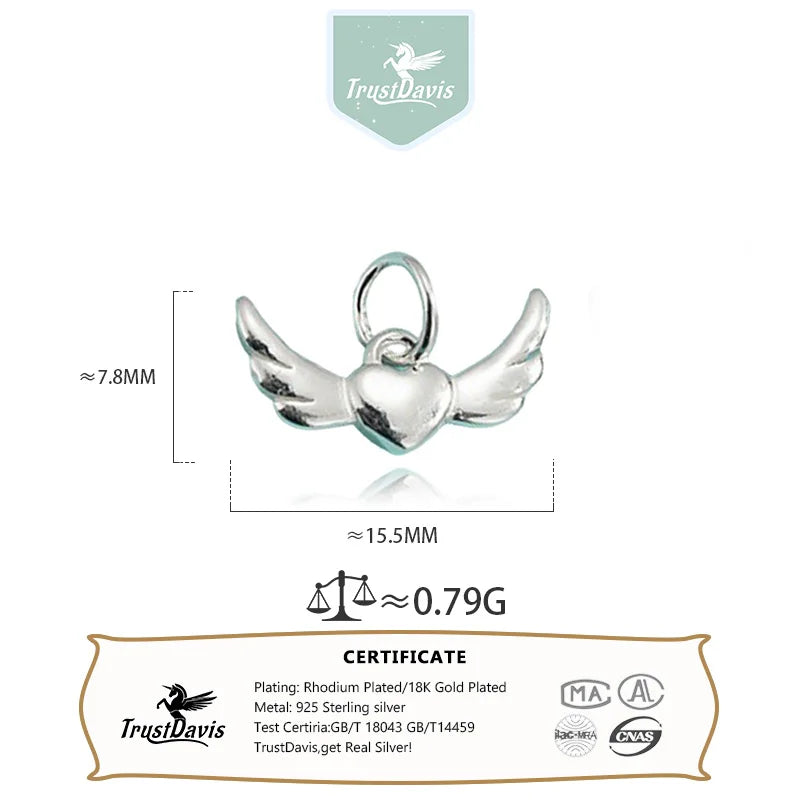 TrustDavis 925 Sterling Silver Fashion Classic Angel Wings Heart Pendant DIY Necklace Bracelet Accessories Fine Jewelry DZ1849
