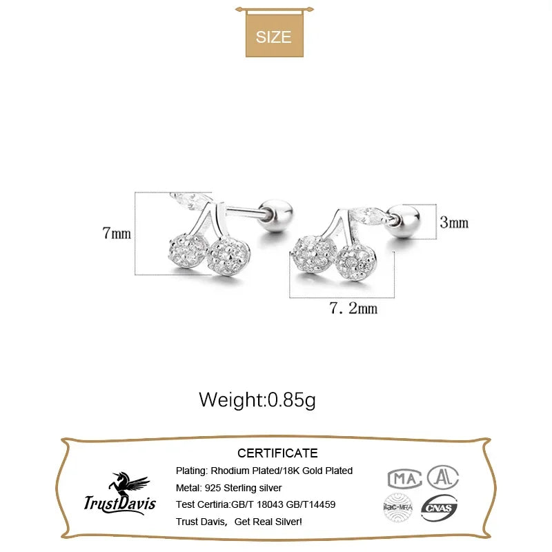 TrustDavis Real 925 Sterling Silver Sweet Cherry CZ Screw Stud Earrings for Daughter Girls Birthday Gift Fine Jewelry DG0161
