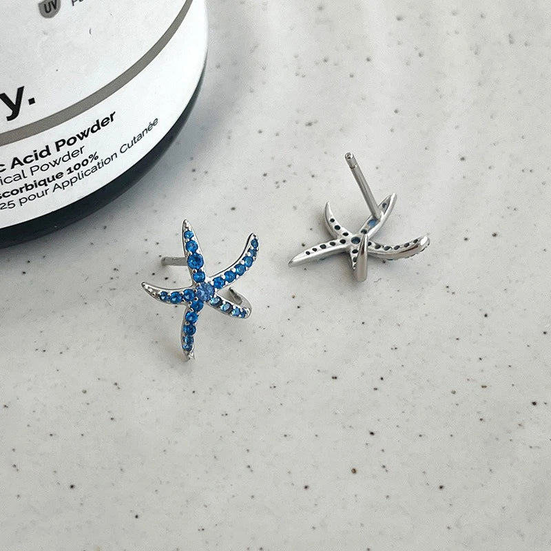 TrustDavis 925 Sterling Silver Women's Fashion Simple Blue Starfish Stud Earrings for Women Girls Birthday Jewelry Gift DS4678